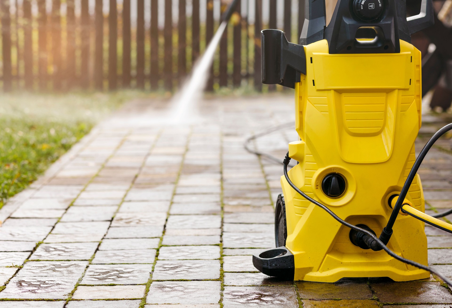 Pressure Cleaning with High Pressure Washer Karcher in Garden Park